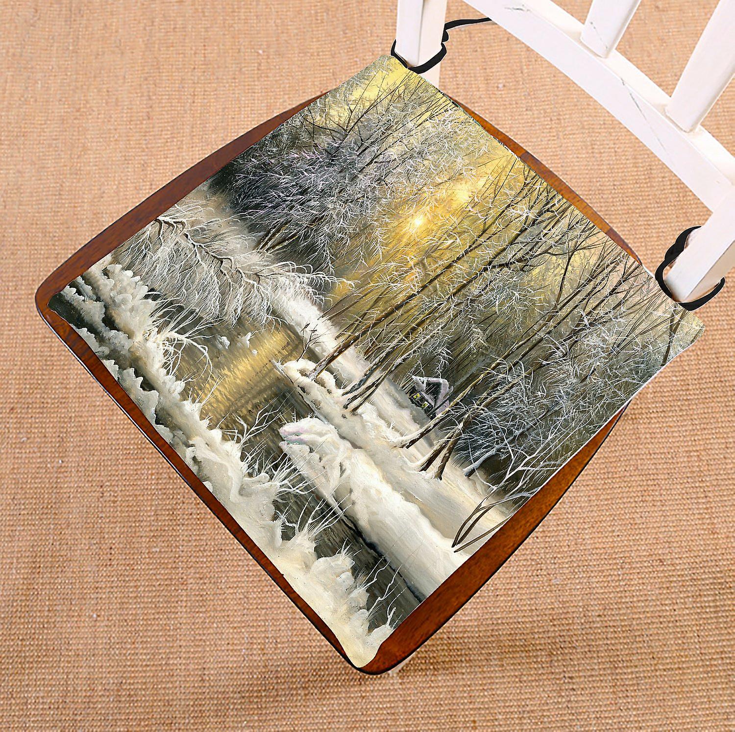 Landscape Nature Scenery Chair Pad， Winter Snow View With The Wood River At Sunrise Time Seat Cushion Chair Cushion Floor Cushion 45x45 Cm