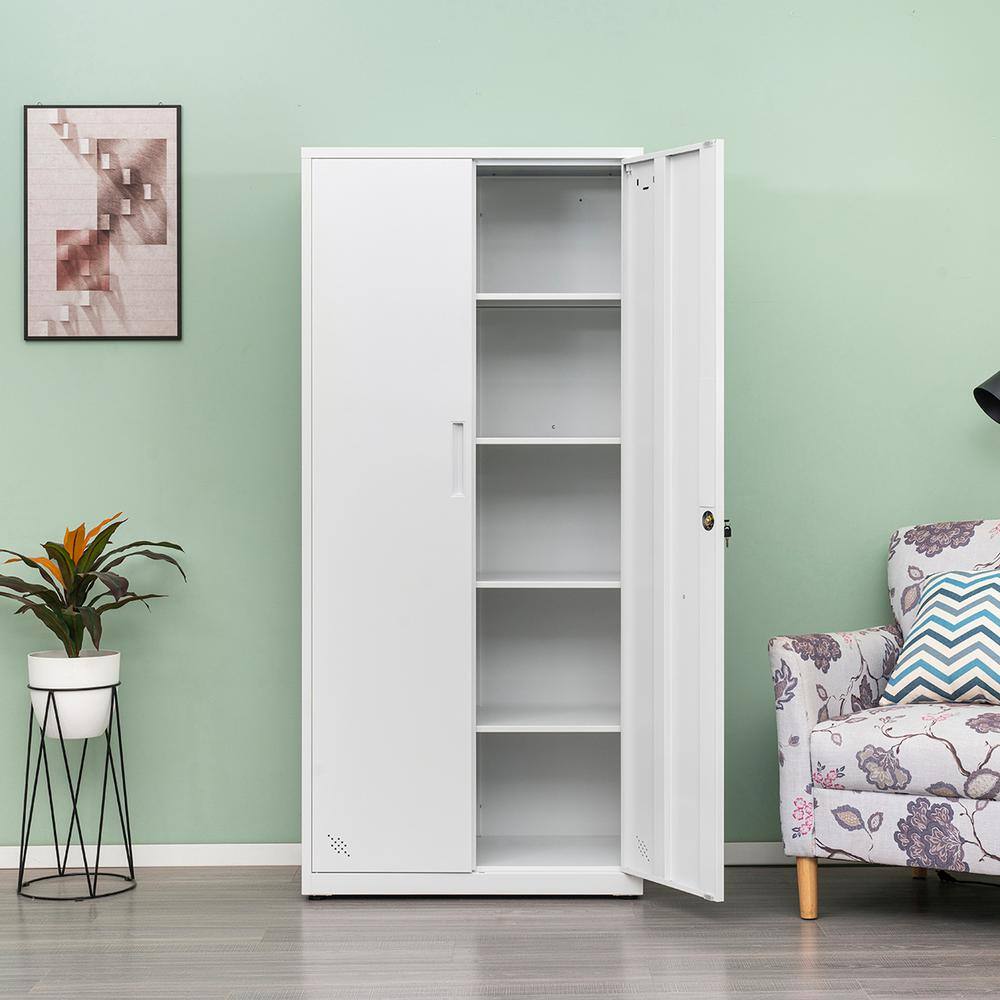 🎉Limited Time Offer🎉White Metal Storage Cabinet with 2-Doors and 4 Shelves Lockable Tall Cabinet for Home Office Garage Kitchen Pantry ZT-W25262850