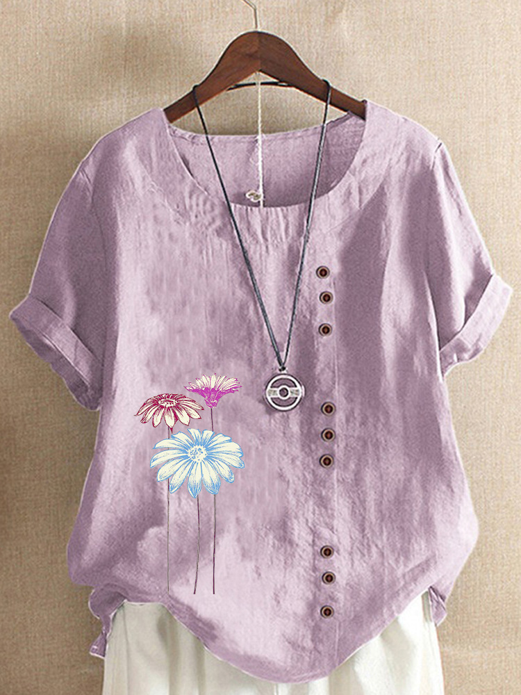 Round Neck Casual Loose Floral Short Sleeve Blouse