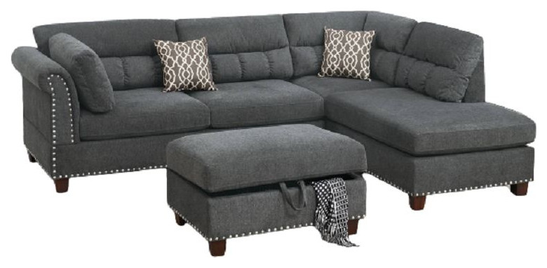 Winnette 3 Piece Reversible Sectional Set With Ottoman  Slate Velvet   Transitional   Sectional Sofas   by Hollywood Decor  Houzz