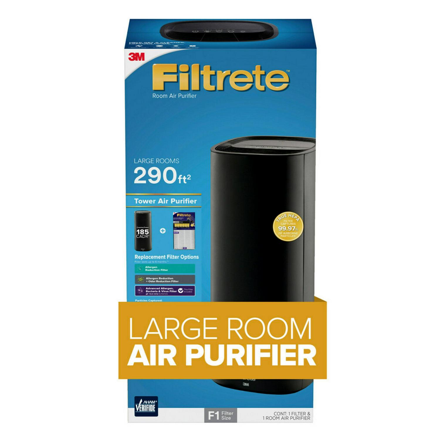 Filtrete by 3M Air Purifier， Large Room Tower， 290 Sq gt Coverage， Black， TRUE HEPA Filter Included