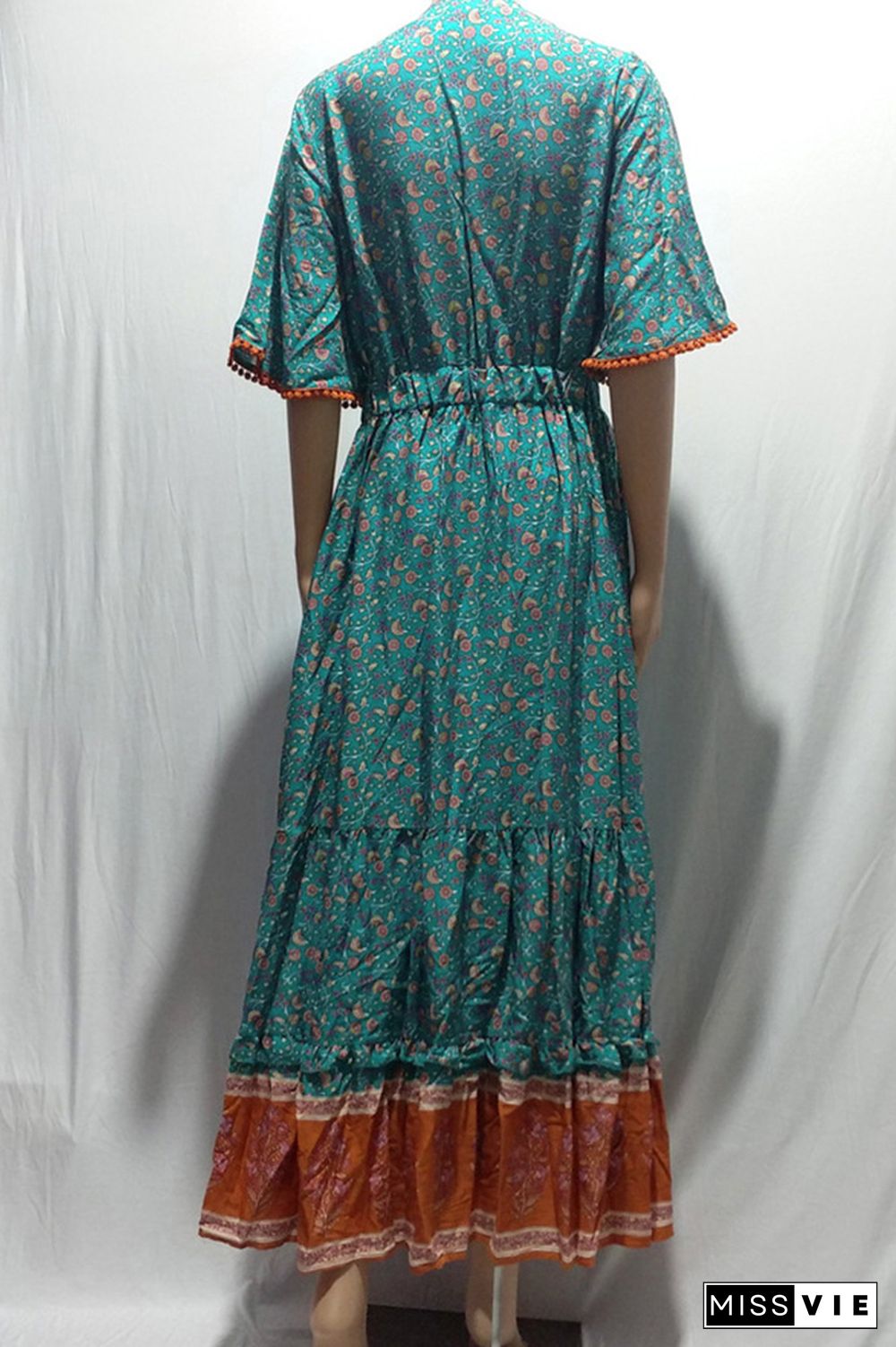 V Neck Buttoned Boho Print Maxi Dress