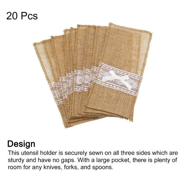 20Pcs Burlap Lace Utensil Holder Knife Forks Bag Cutlery Pouch for Wedding Decor - Light Brown