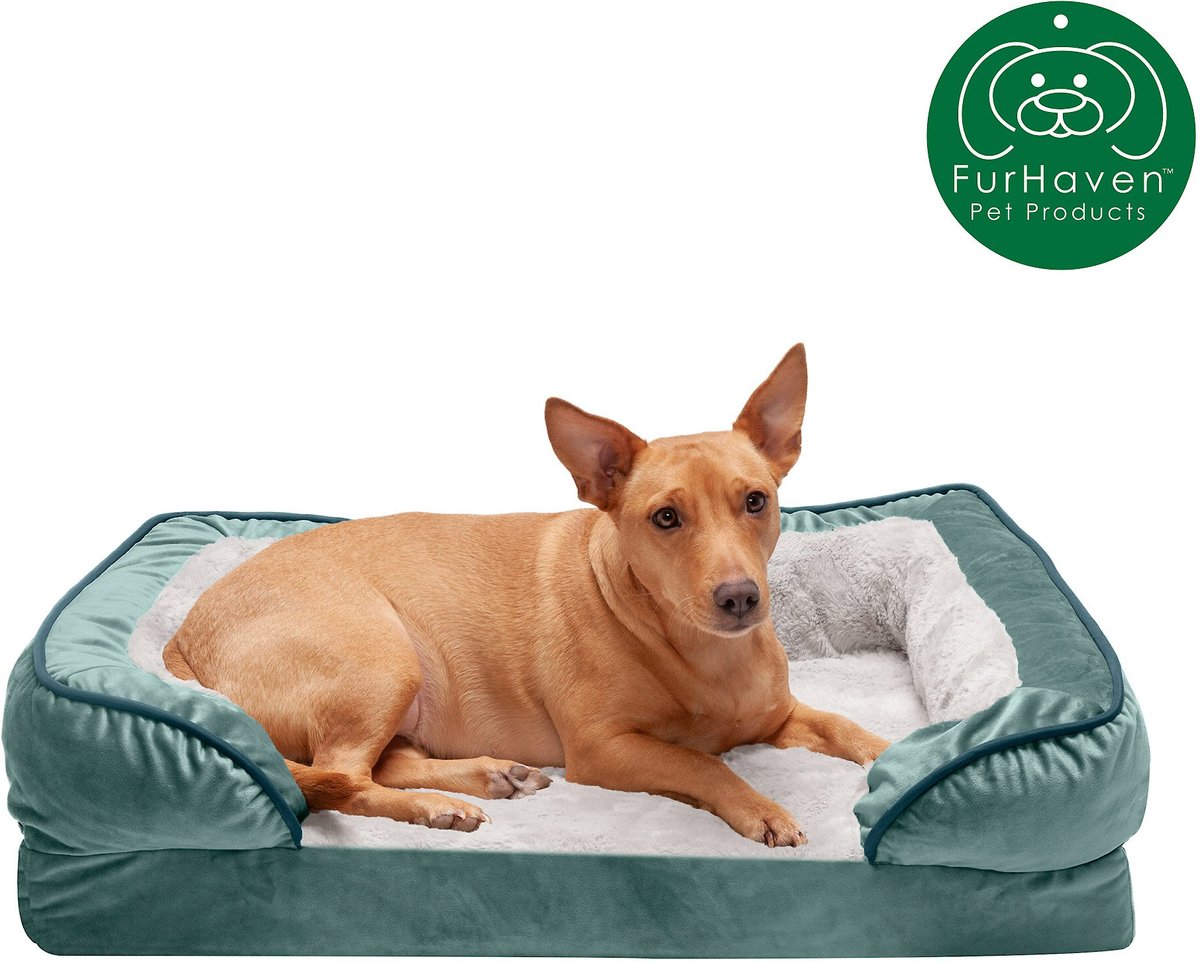 FurHaven Velvet Waves Perfect Comfort Orthopedic Sofa Cat and Dog Bed， Celadon Green， Medium