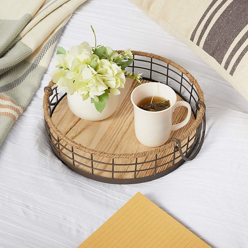 Round Wooden Wire Basket Trays with Handles， Farmhouse Decor (2 Sizes， 2 Pack)