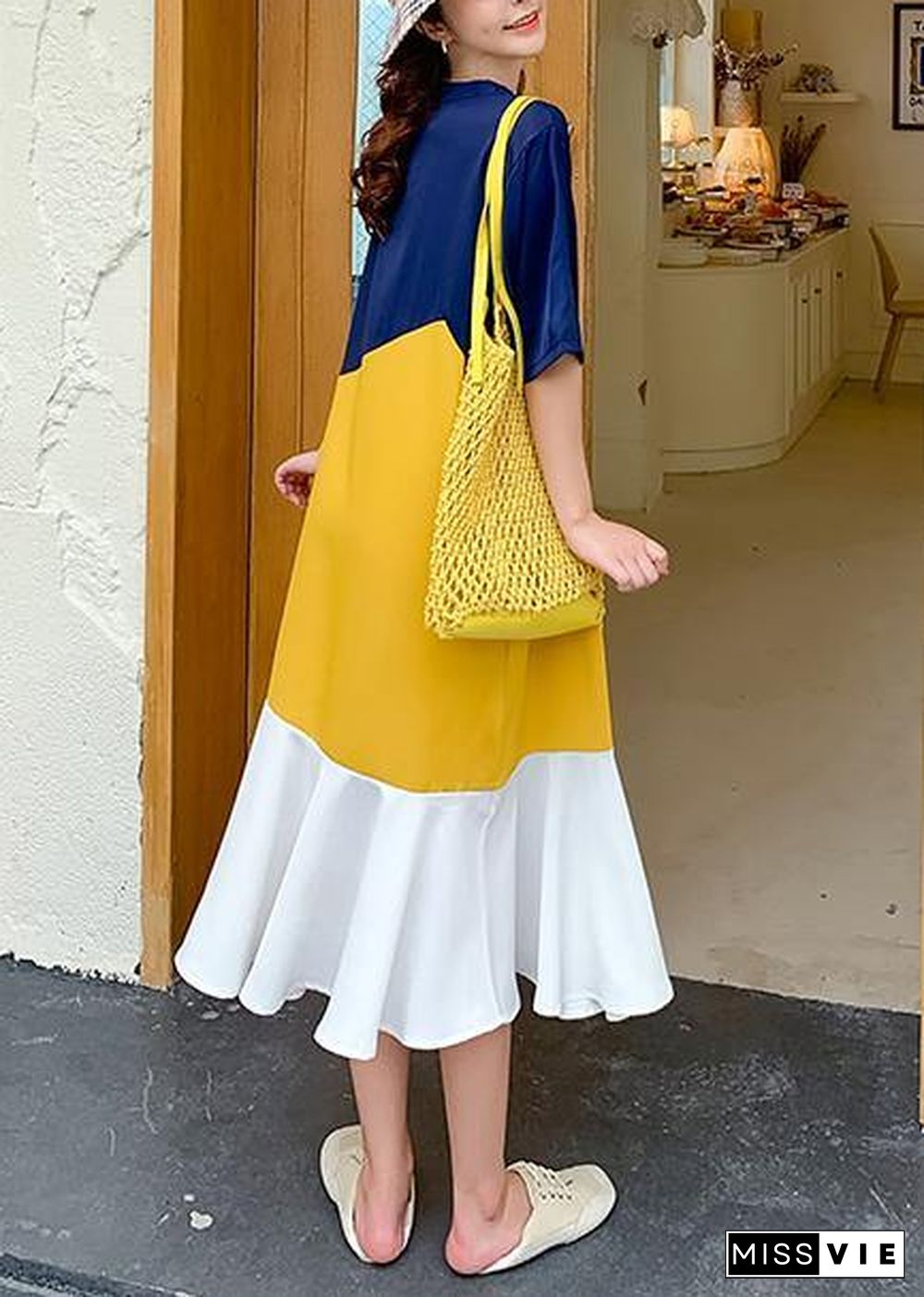 DIY yellow patchwork cotton clothes Women o neck Ruffles Plus Size Dresses