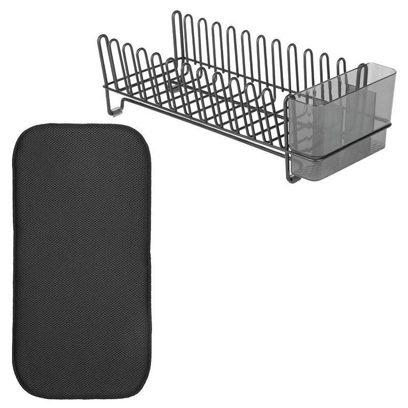 mDesign Kitchen Counter Dish Drying Rack and Microfiber Mat， Set of 2