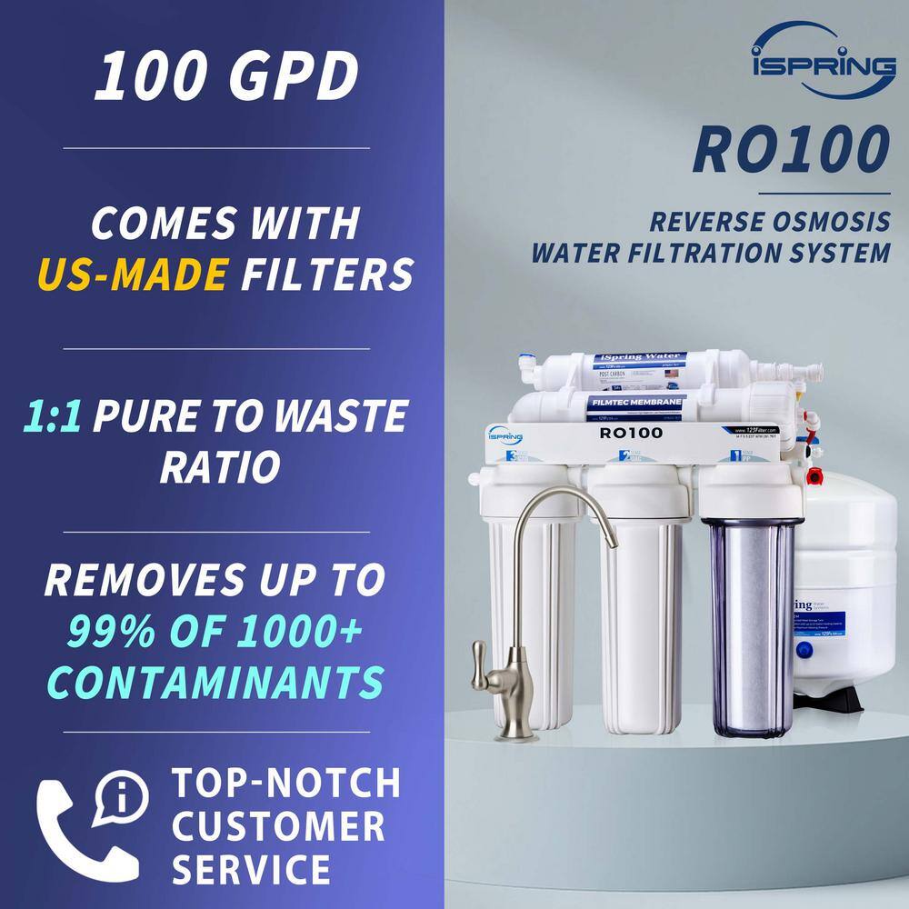 ISPRING 5-Stage 100 GPD Reverse Osmosis Drinking Water Filtration System 1:1 Pure to Waste Ratio US Made Filters RO100