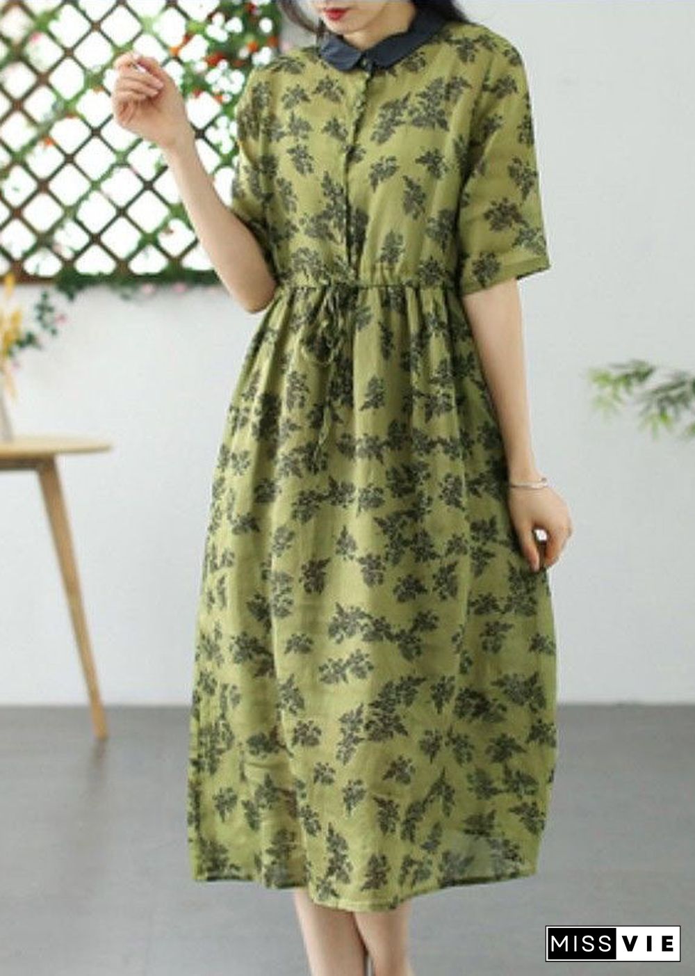 French Grass Green Peter Pan Collar Print Patchwork Linen Dresses Summer