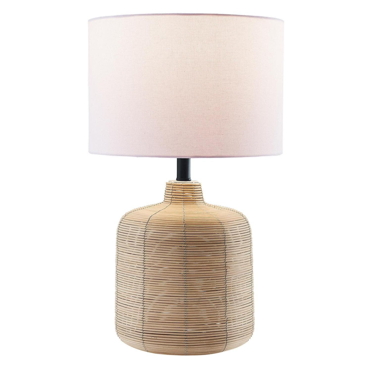 Modern Petite Rattan Table Lamp with Blackened Steel Accents