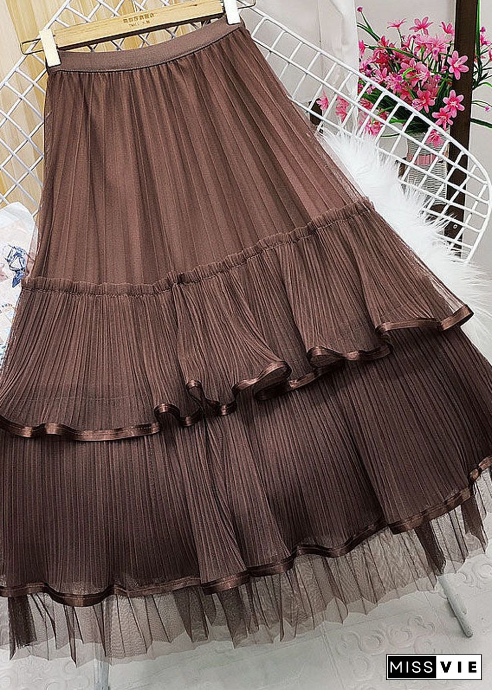 Boutique Chocolate Elastic Waist Ruffled Patchwork Wrinkled Tulle Skirts Spring