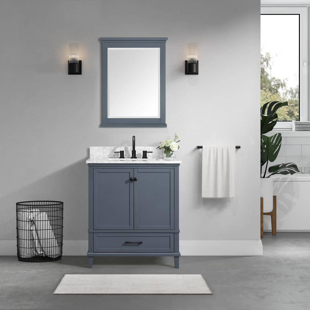 Home Decorators Collection Merryfield 31 in W x 22 in D Bath Vanity in Dark BlueGray with Marble Vanity Top in Carrara White with White Basin