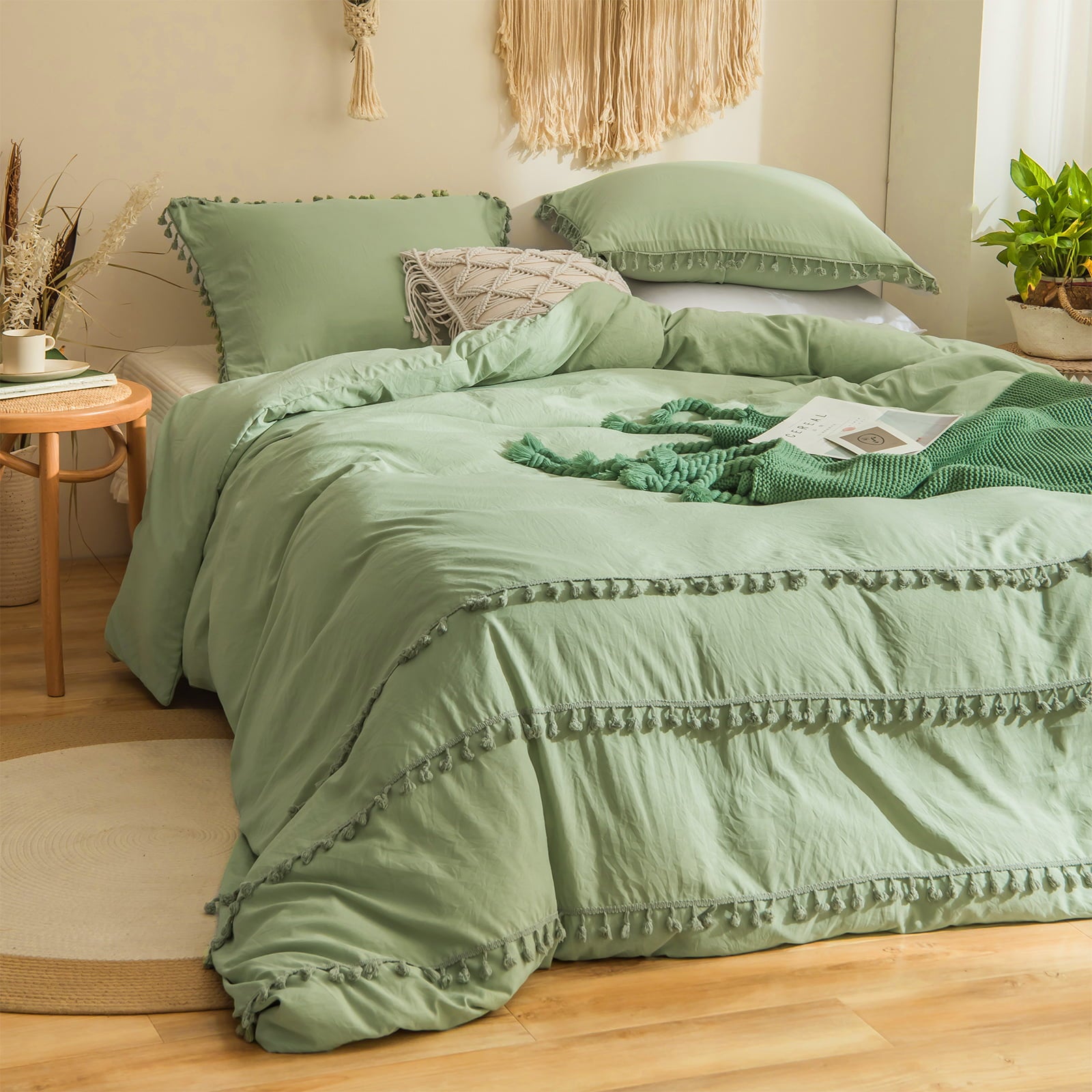 Move Over Green Tassels Bedding Sets King Boho Tufted Duvet Cover Set 3 Layer Tassel Pattern Washed Microfiber No Filling