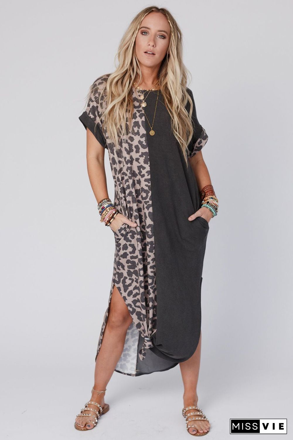 Black Contrast Solid Leopard Short Sleeve T-shirt Dress with Slits