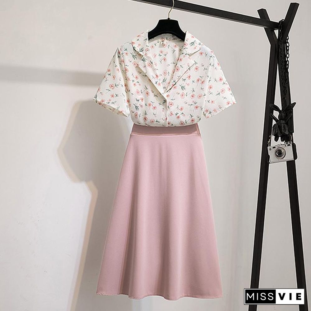 Floral Tee+Solid Color Skirt P11989