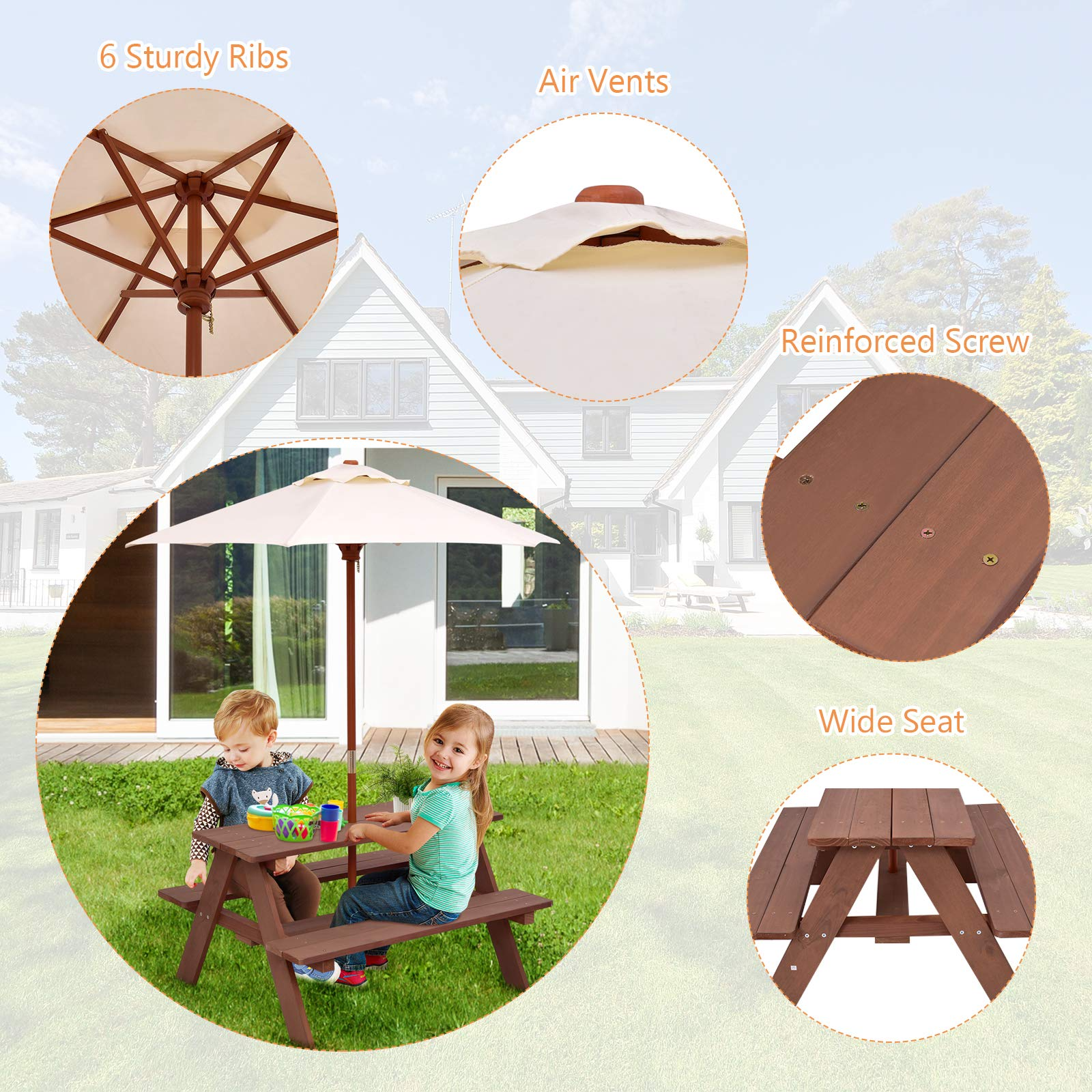 Costzon Kids Picnic Table Set, Wood Table and Bench Set with Removable & Foldable Umbrella