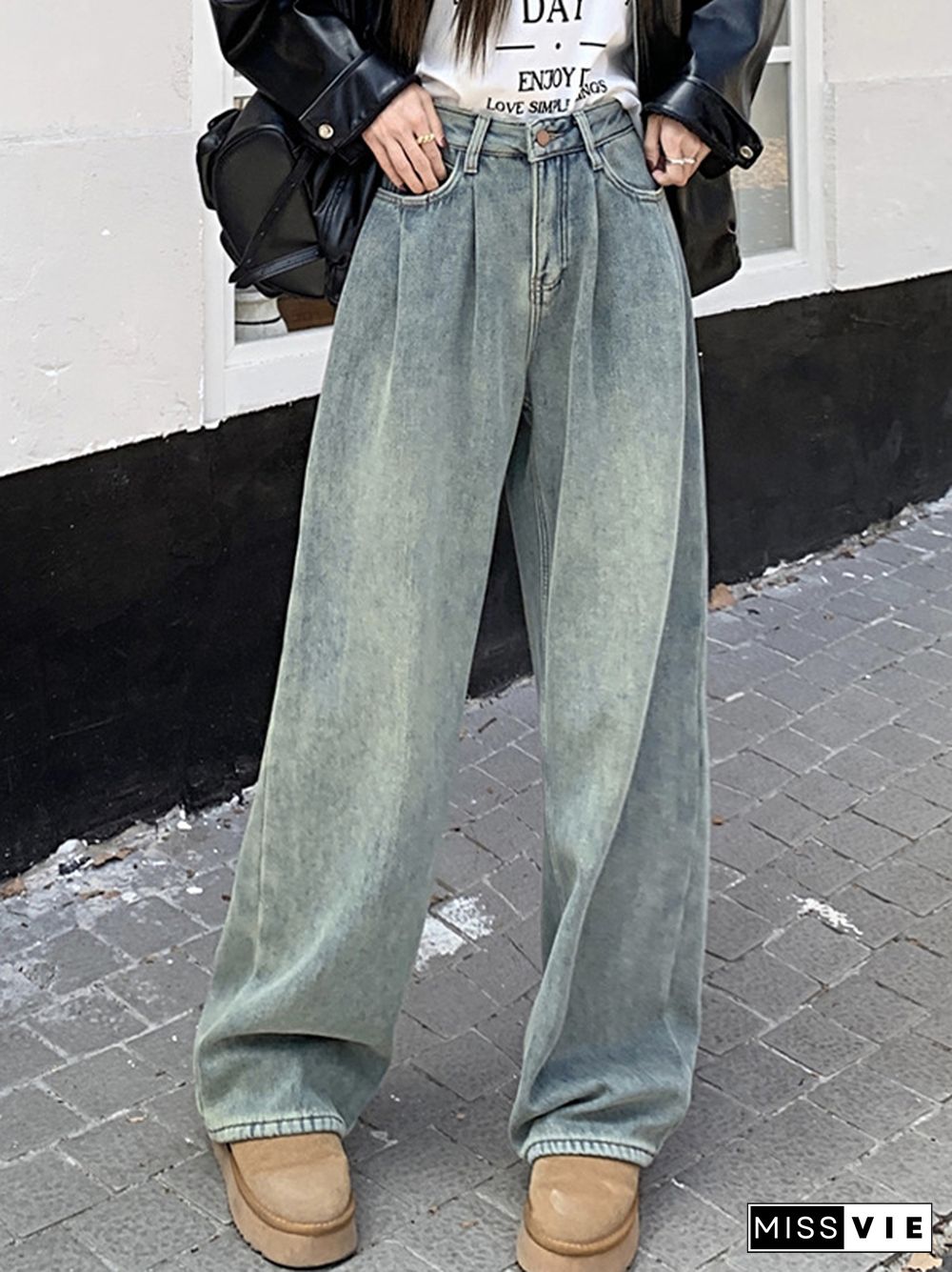 Vintage Blue Fleece Ruched High Rise Boyfriend Jeans