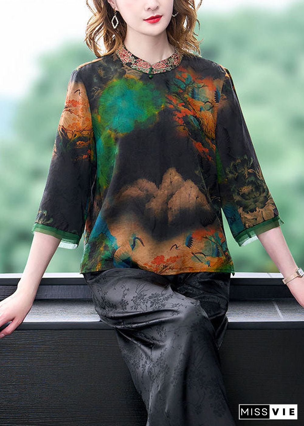 Art Black Stand Collar Embroideried Print Silk Shirt Bracelet Sleeve