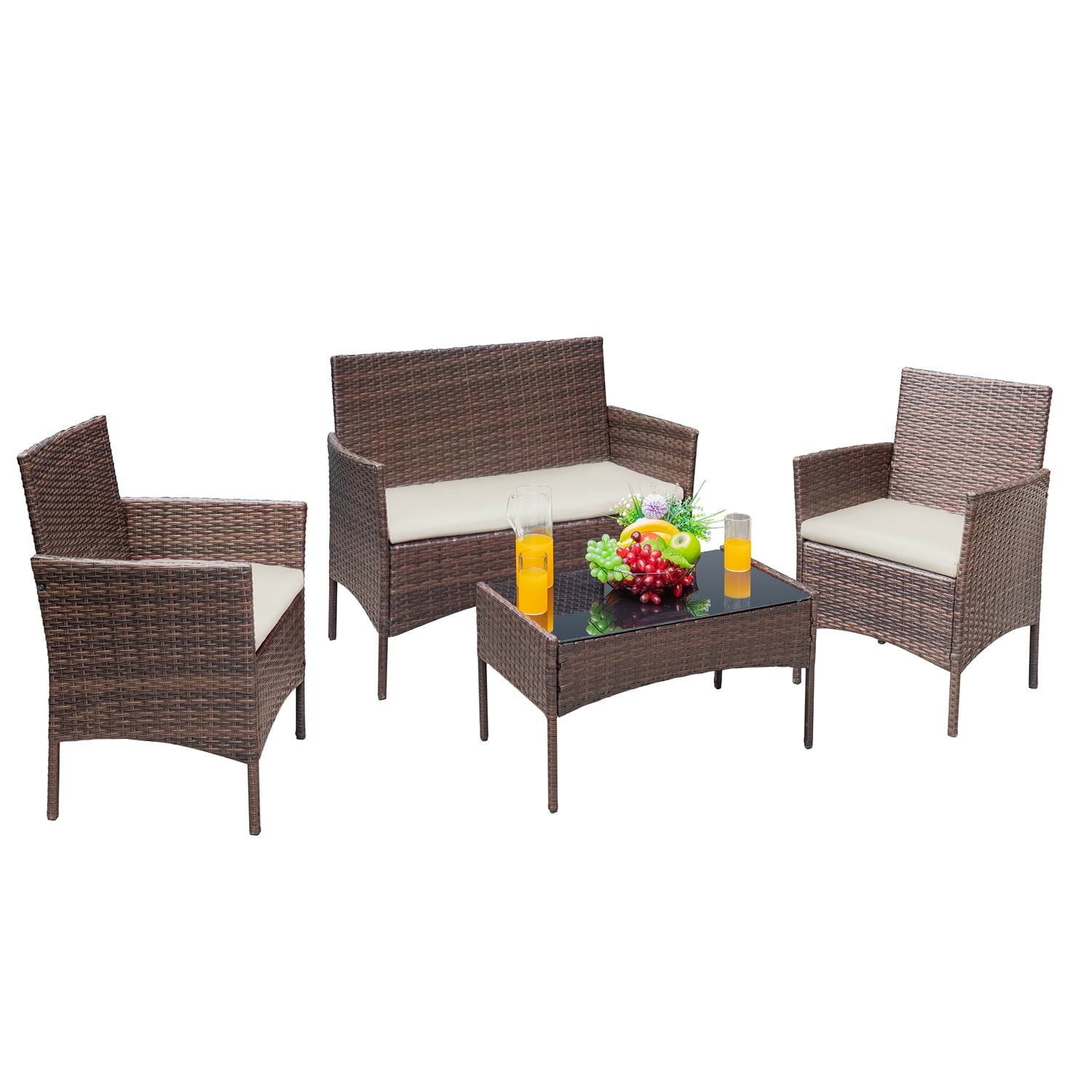 Homall 4 Pieces Outdoor Patio Furniture Brown PE Rattan Wicker Table and Chairs Set Backyard Poolside Garden Porch Sets with Cushioned， Beige Cushion Steel 320 lb