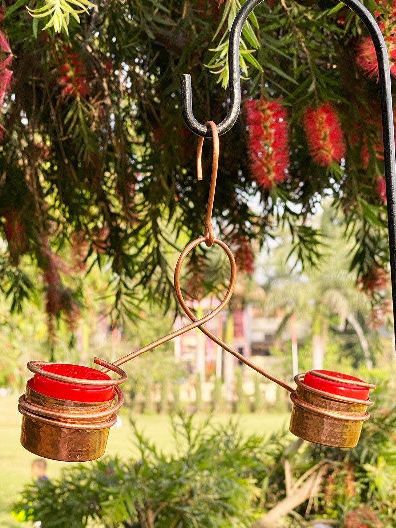 Hanging Copper Hummingbird Feeder with Double Nectar Cups