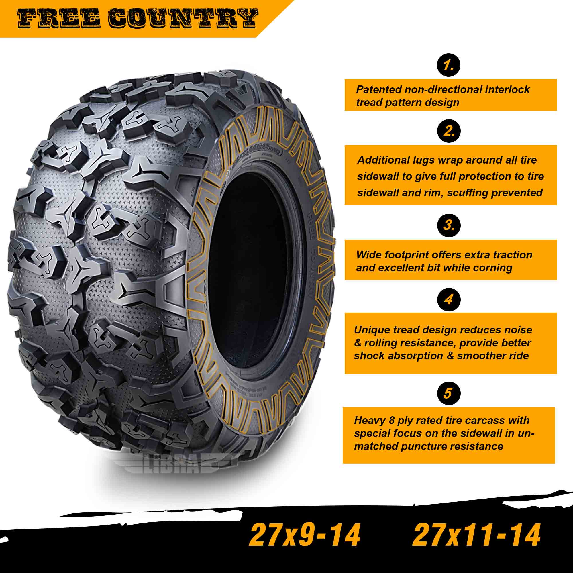 Set 4 Premium Free Country ATV/UTV Tires 27x9-14 and 27X11-14 8PR w/Scuff Guard