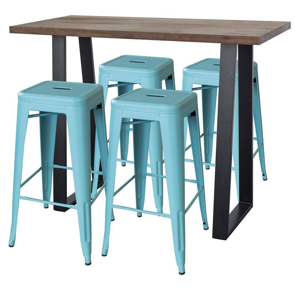 AmeriHome Teal Acacia Wood Top Bar Height Pub Set with Teal Bar Stools (Set of 5) AWBTTL4