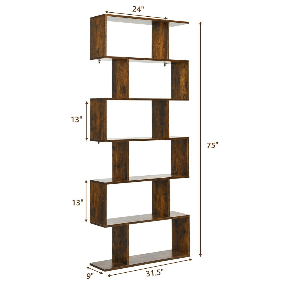 Gymax 6 Tier S Shaped Bookshelf Storage Display Bookcase Decor Z Shelf   31.5'' x 9'' x 75''