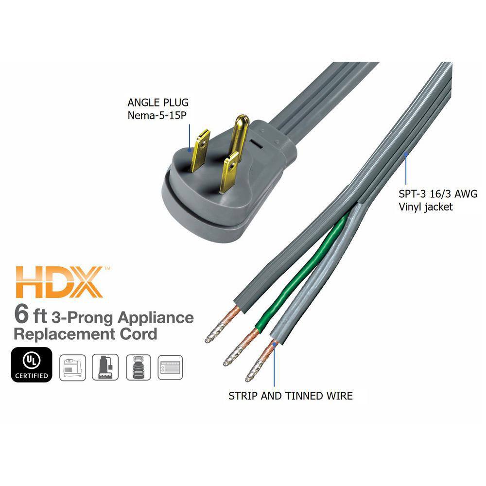 HDX 6 ft. 163 13 Amp 3-Prong Appliance Replacement Cord Grey HD#588-547