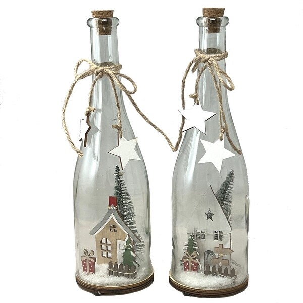 Set Of 2 Assorted Decorative Bottles With Led Lit Winter Scenes Figurine