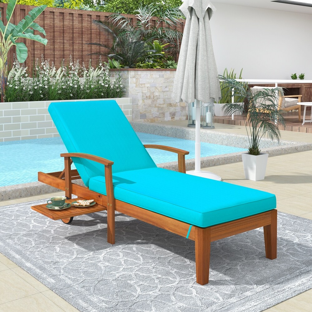 Outdoor Solid Wood Chaise Lounge with Cushion  Wheels and Sliding Cup Table