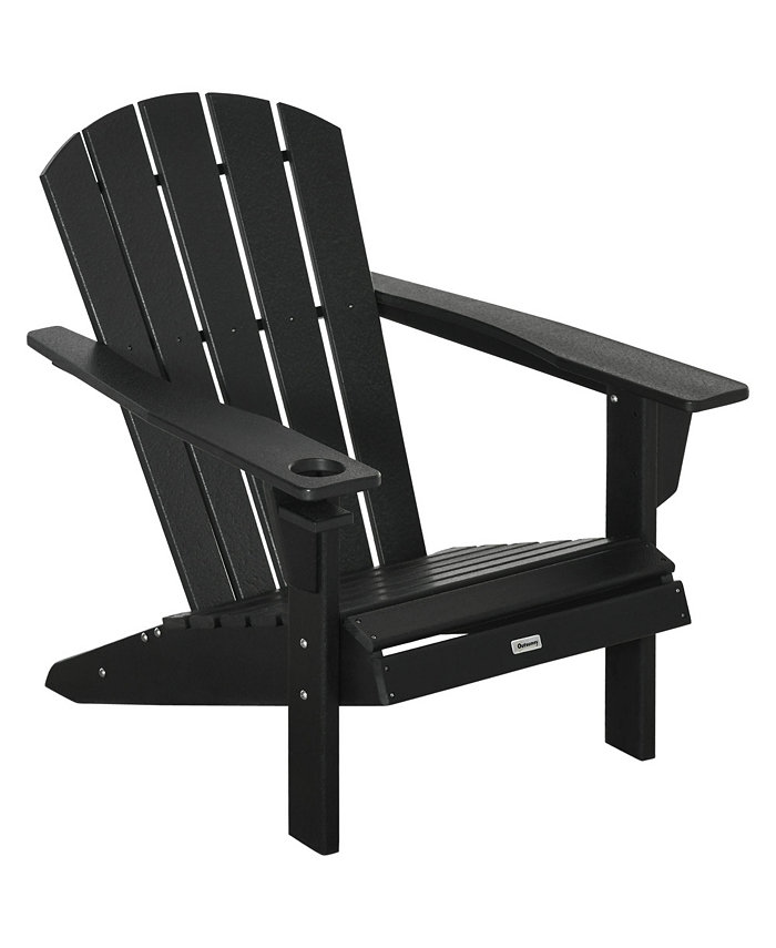 Outsunny Adirondack Chair with Cup Holder All Weather Patio Chair HDPE Lounger Fire Pit Seating High Back and Wide Seat for Outdoor Backyard Garden Deck Lawn Black