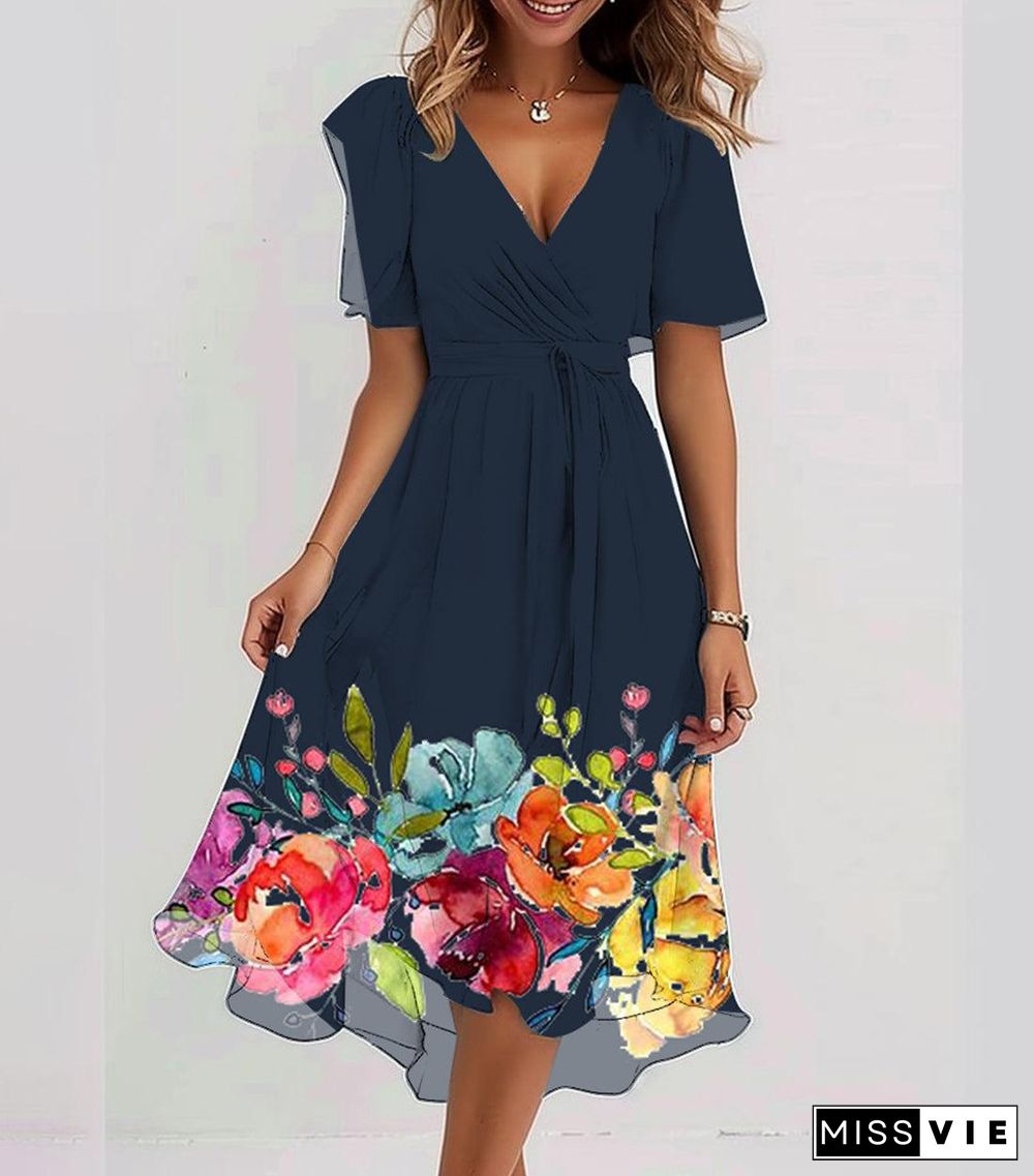 Blue Floral Print Short Sleeve Midi Dress