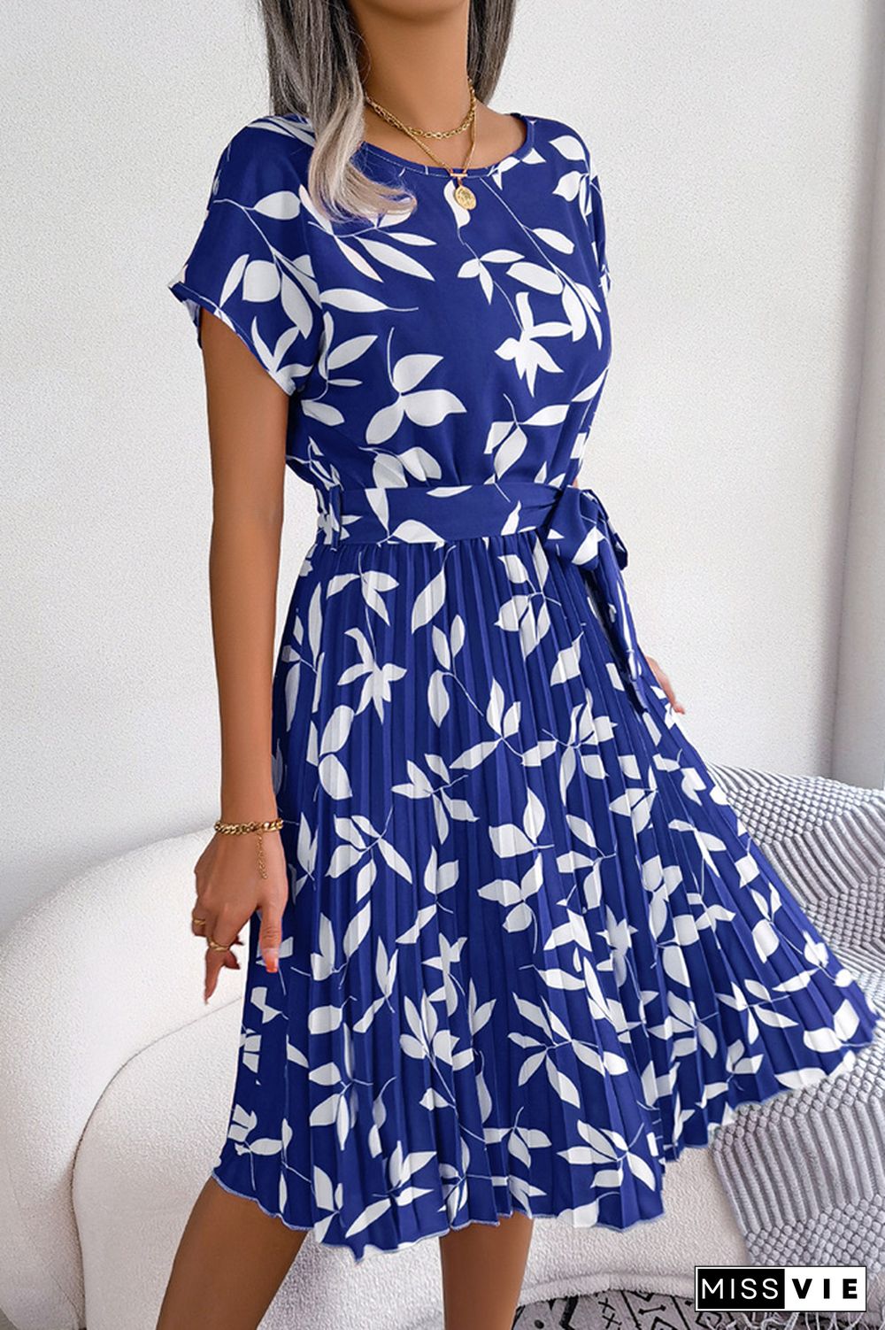 Leaf Print Pleated Midi Dress With Sash