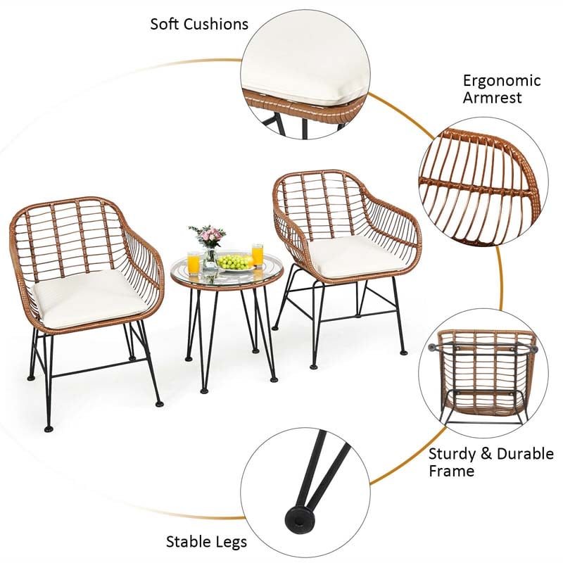 3 Pcs Patio Conversation Bistro Set Outdoor Rattan Furniture Set with Round Table & 2 Rattan Cushioned Armchairs