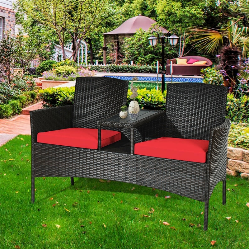 Rattan Outdoor Loveseat Bistro Set with Built-in Coffee Table & Cushions, Wicker Patio Conversation Set