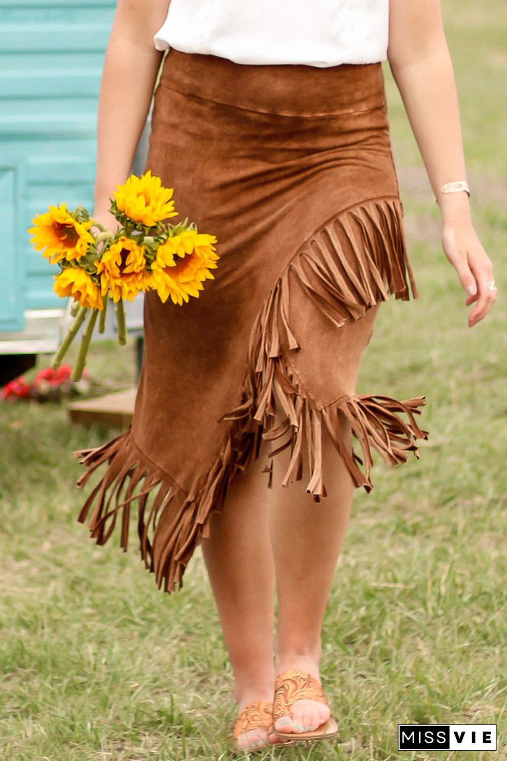 Brown Fringe Asymmetric Wrap Suede Midi Skirt