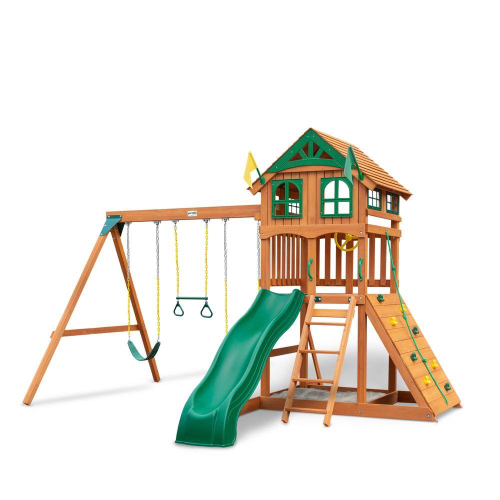 Gorilla Playsets DIY Outing III Wooden Outdoor Playset with Wood Roof Wave Slide Rock Wall Sandbox and Swing Set Accessories 01-1063