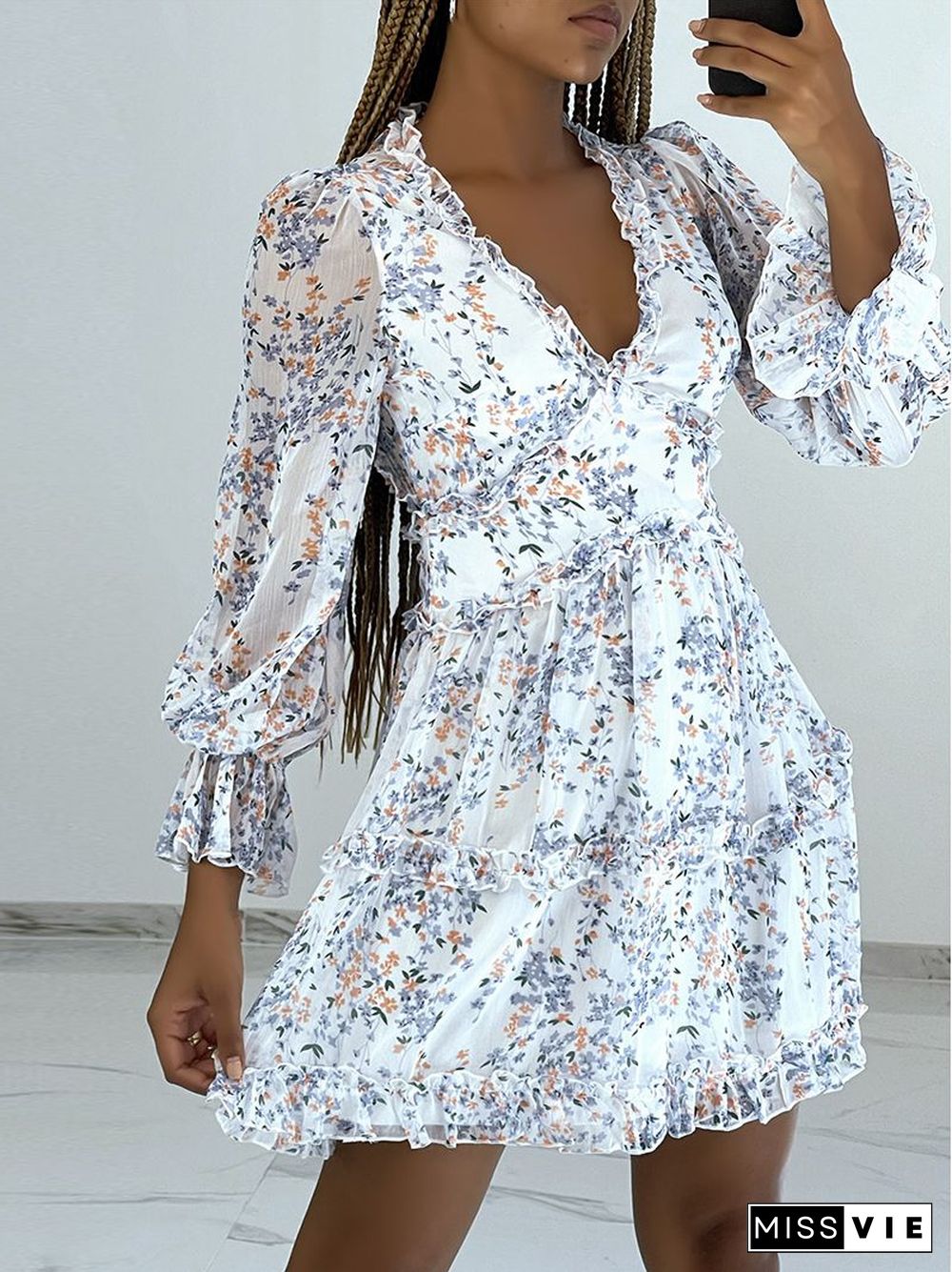 Ditsy Floral Prints Ruffle Edge Tiered Long Sleeve Boho Dress