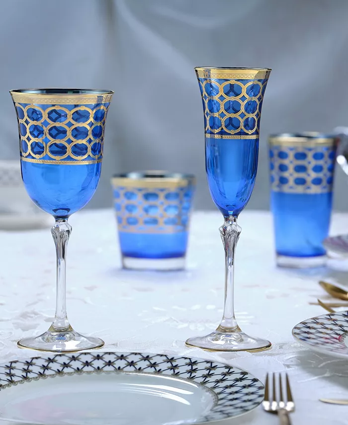 Lorren Home Trends Cobalt Blue Champagne Flutes with Gold-Tone Rings Set of 4