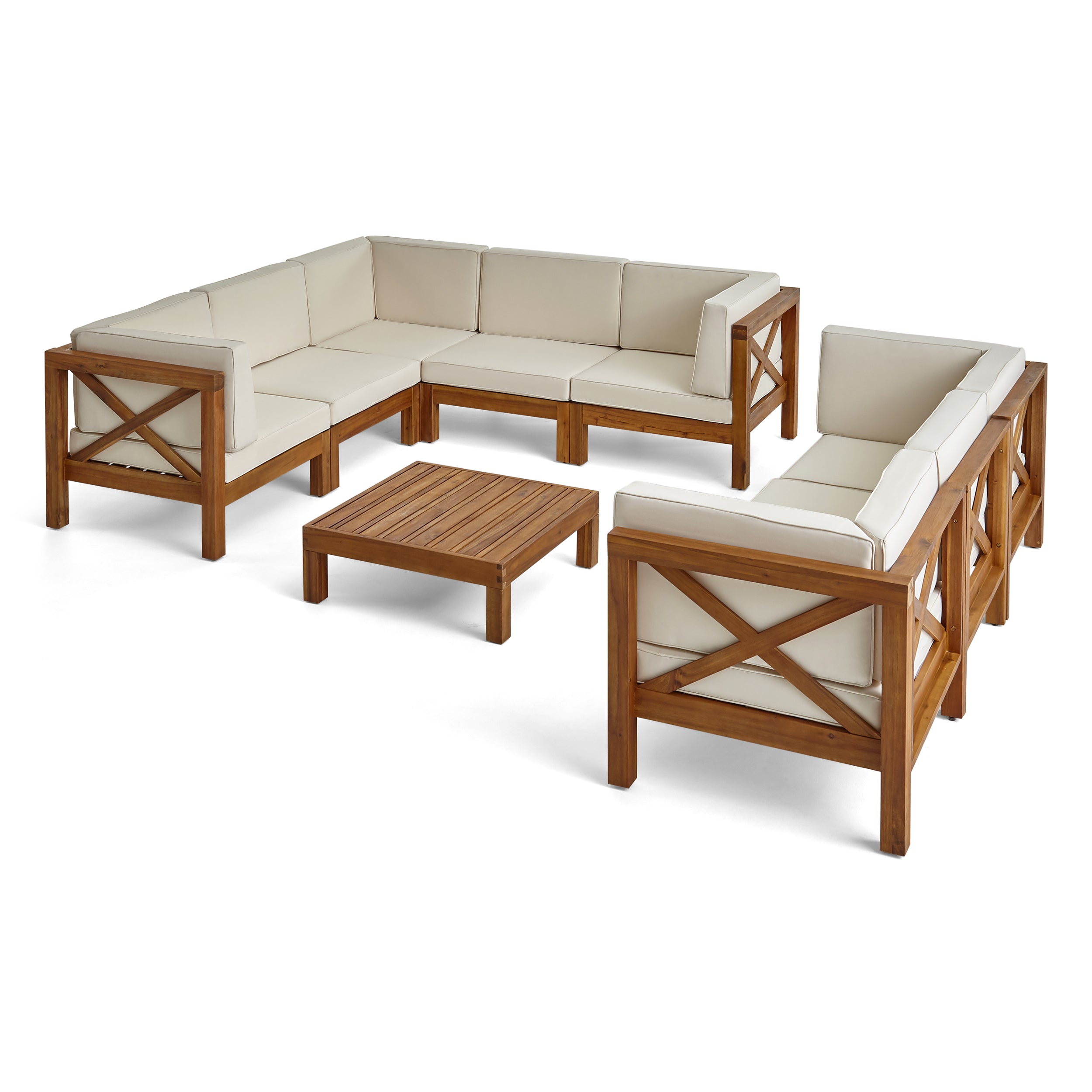 Cynthia Outdoor Acacia Wood 8 Seater Sectional Sofa Set with Coffee Table