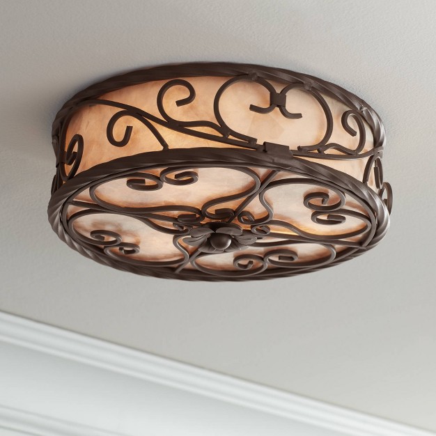 Wide Dark Walnut Scroll 3 light Drum Shade For Bedroom Kitchen Living Room