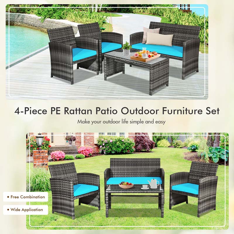 4 Pcs Rattan Wicker Patio Furniture Sets, Outdoor Conversation Sets with Loveseat, Table, Single Sofas