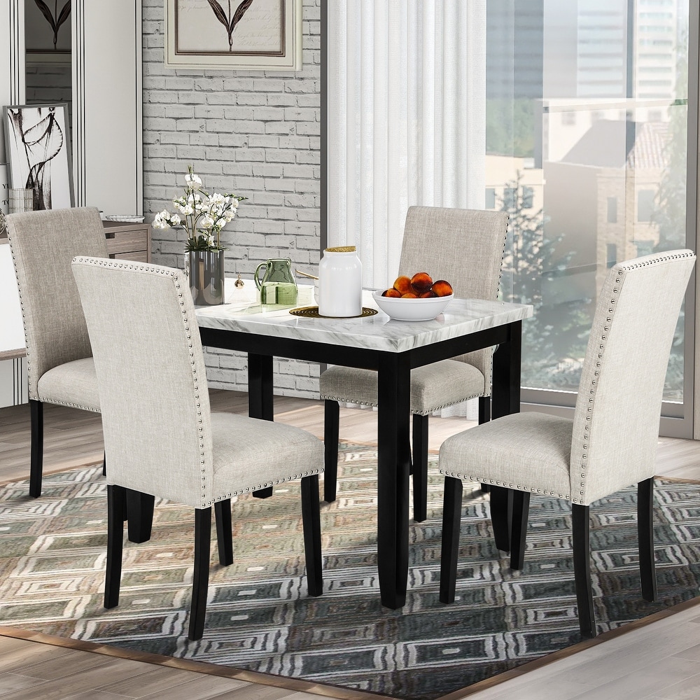 5 Pc Dining Set Table with 4 Thicken Cushion Dining Chairs Furniture