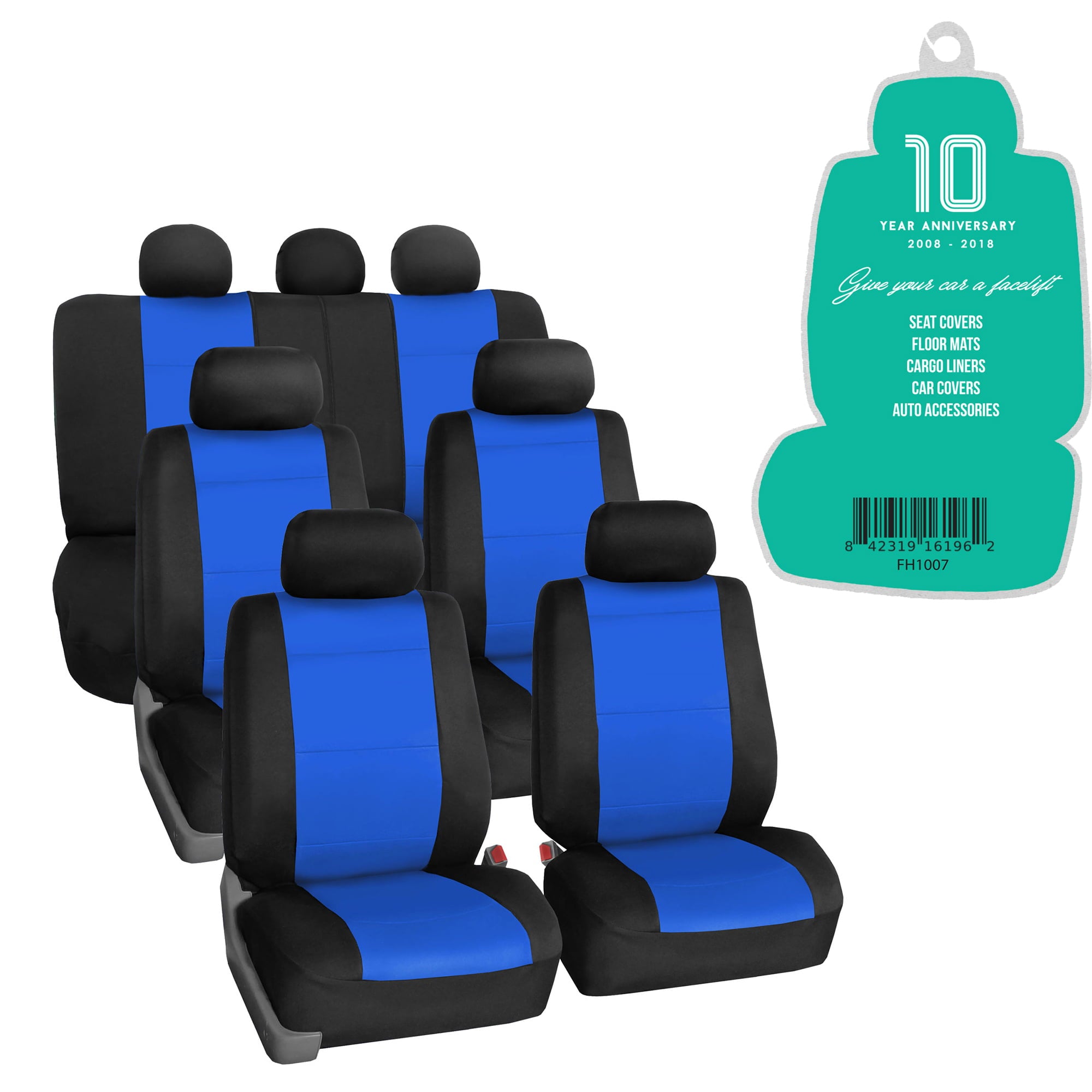 FH Group Neoprene 3 Row Car Seat Covers For SUV， Airbag Ready Split Bench 7 Seater， Blue Black with Free Air Freshener