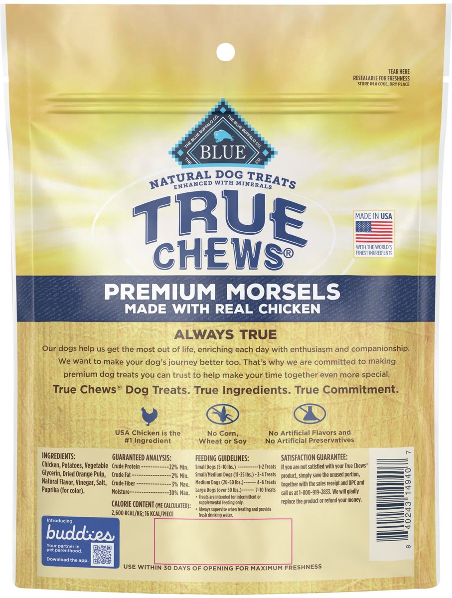 Blue Buffalo True Chews Premium Morsels Natural Grain Free Chicken Dog Treats