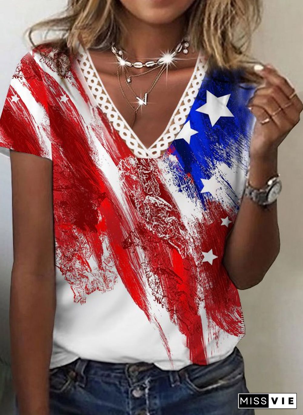 Flag Star Striped Printed Casual Loosen V NeckShort Sleeve T-Shirt