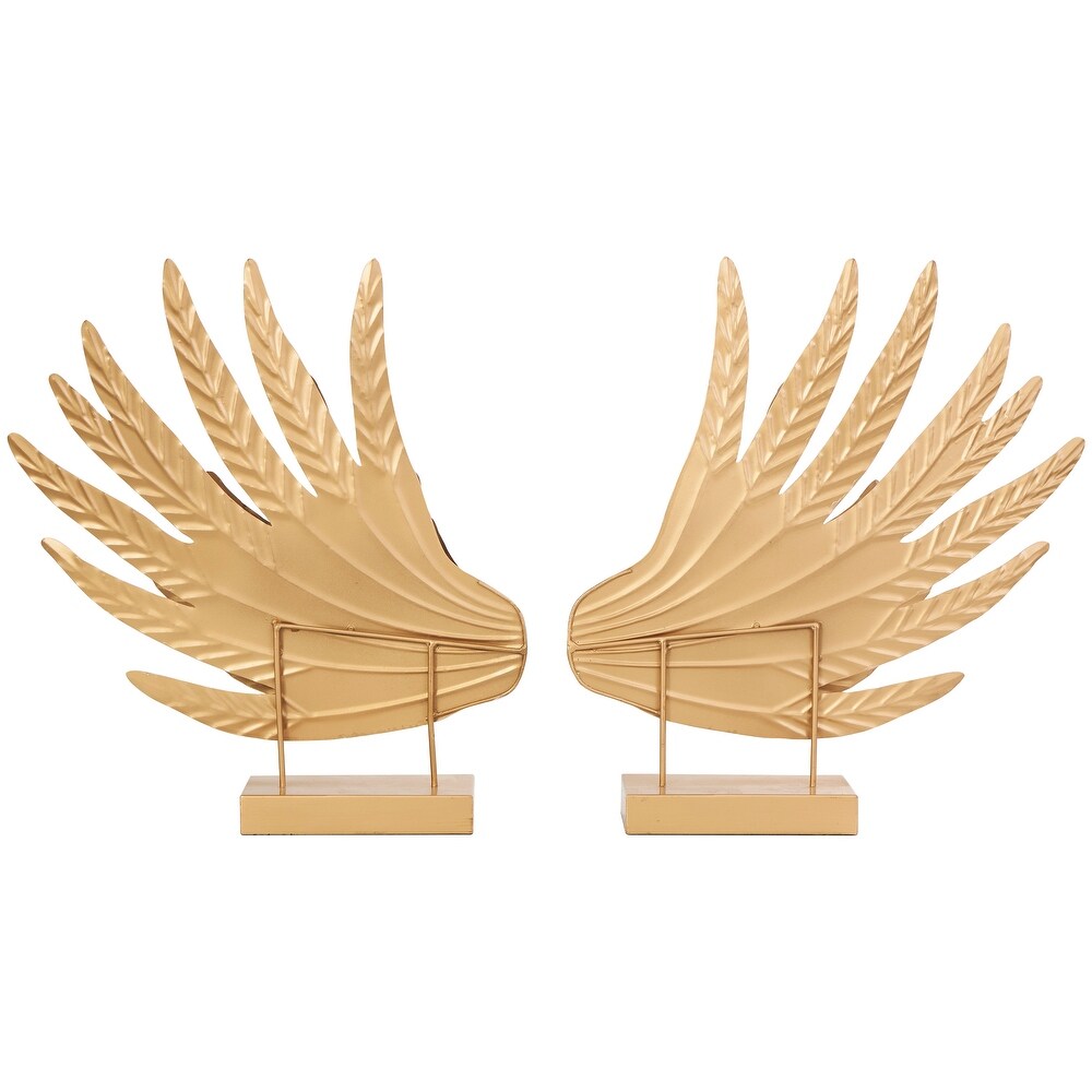 Gold Metal Wing Bird Sculpture with Gold Foil Accents and Stands (Set of 2)