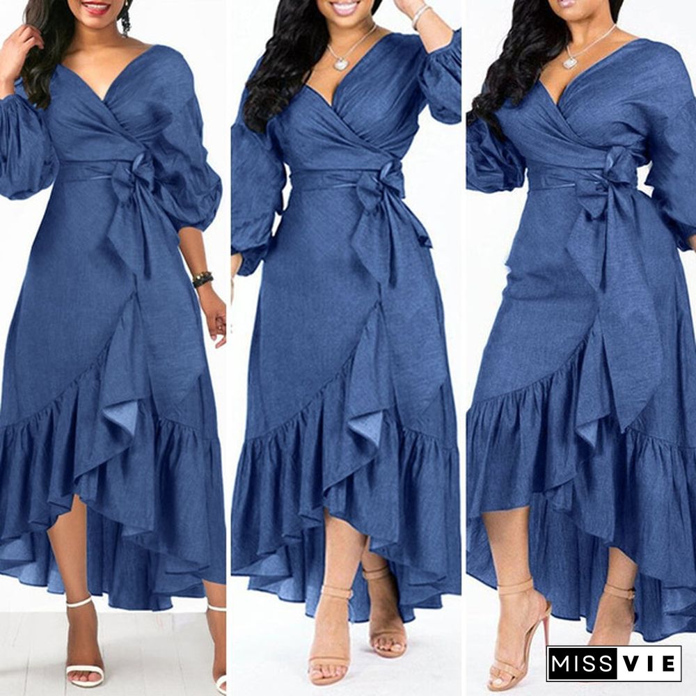 Women's Fashion Puff Sleeve Deep V Neck Tunic Denim Ruffled Dress Irregular Hem Elegant Party Long Dresses Vestidos S-5XL