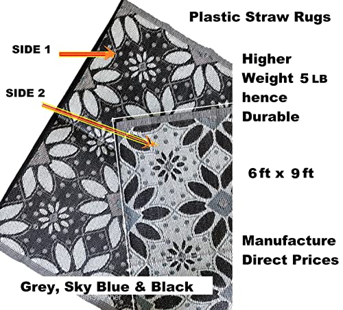 BalajeesUSA Outdoor Rug – 6x9, Sky Blue, Grey, Reversible Recycled Plastic Straw Outdoor Patio Rugs