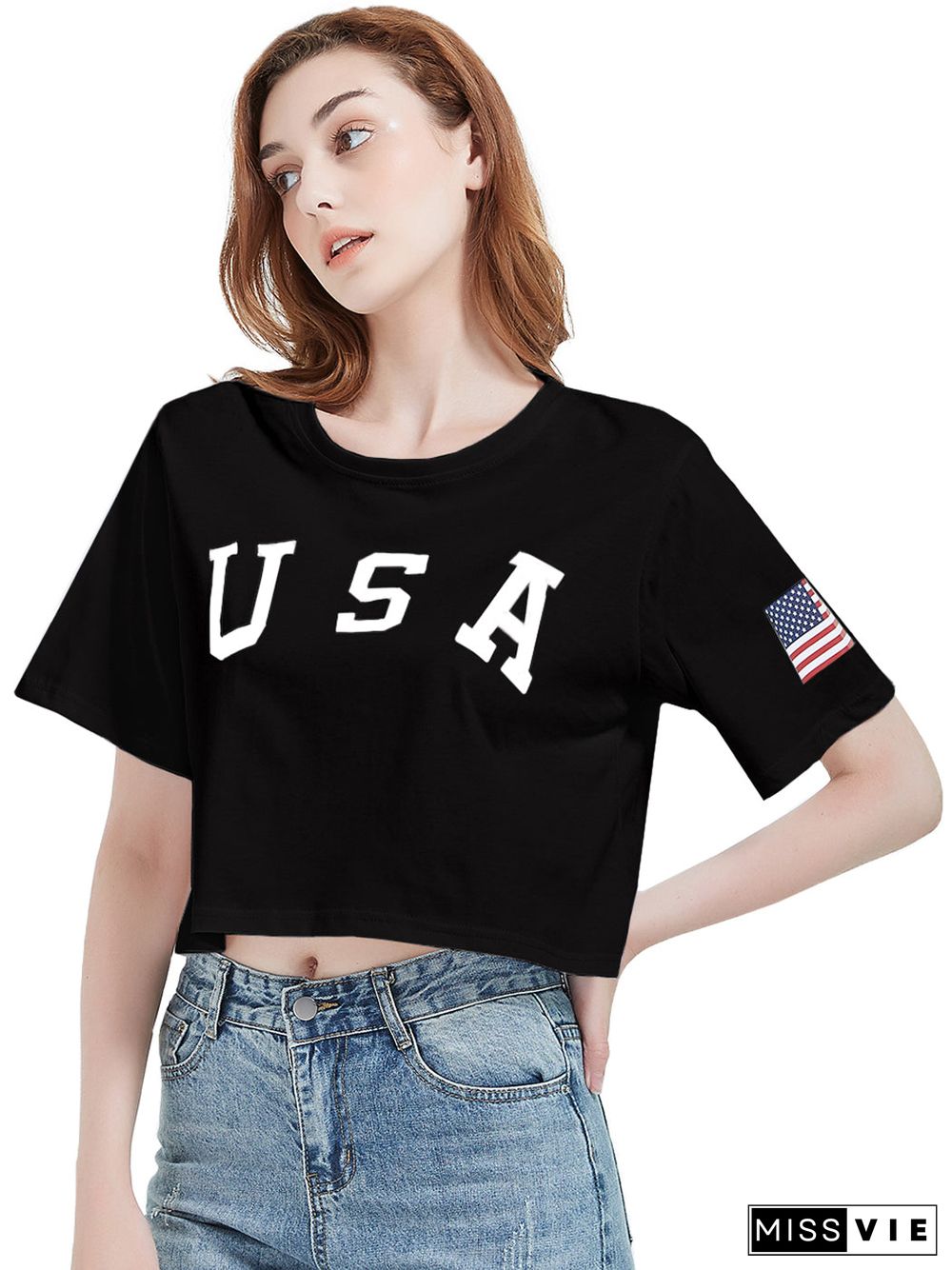 Anna-Kaci Women's Letter Print Crop Top Short Sleeve July 4th USA Flag T-Shirt